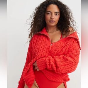 Aerie Cable Car Quarter Zip Sweater XL in Holiday Red